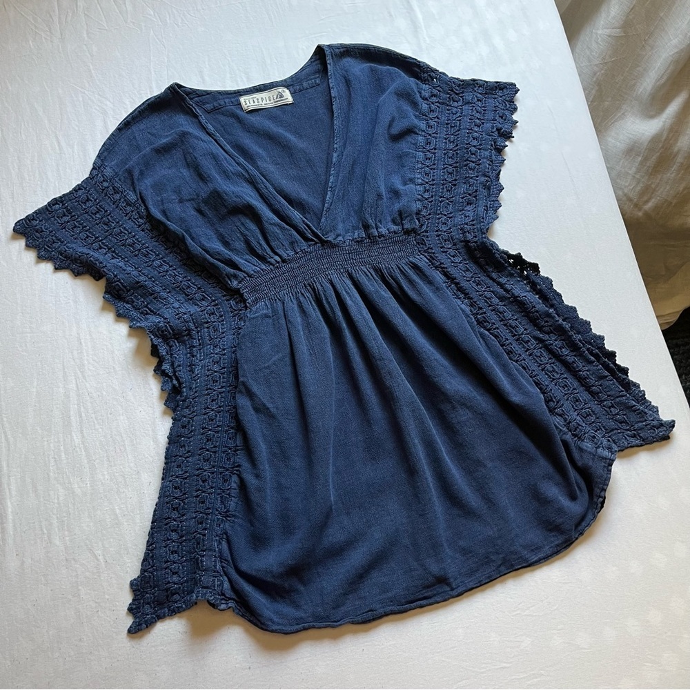 Seaspice navy blue garment dyed lace trim sleeveless blouse